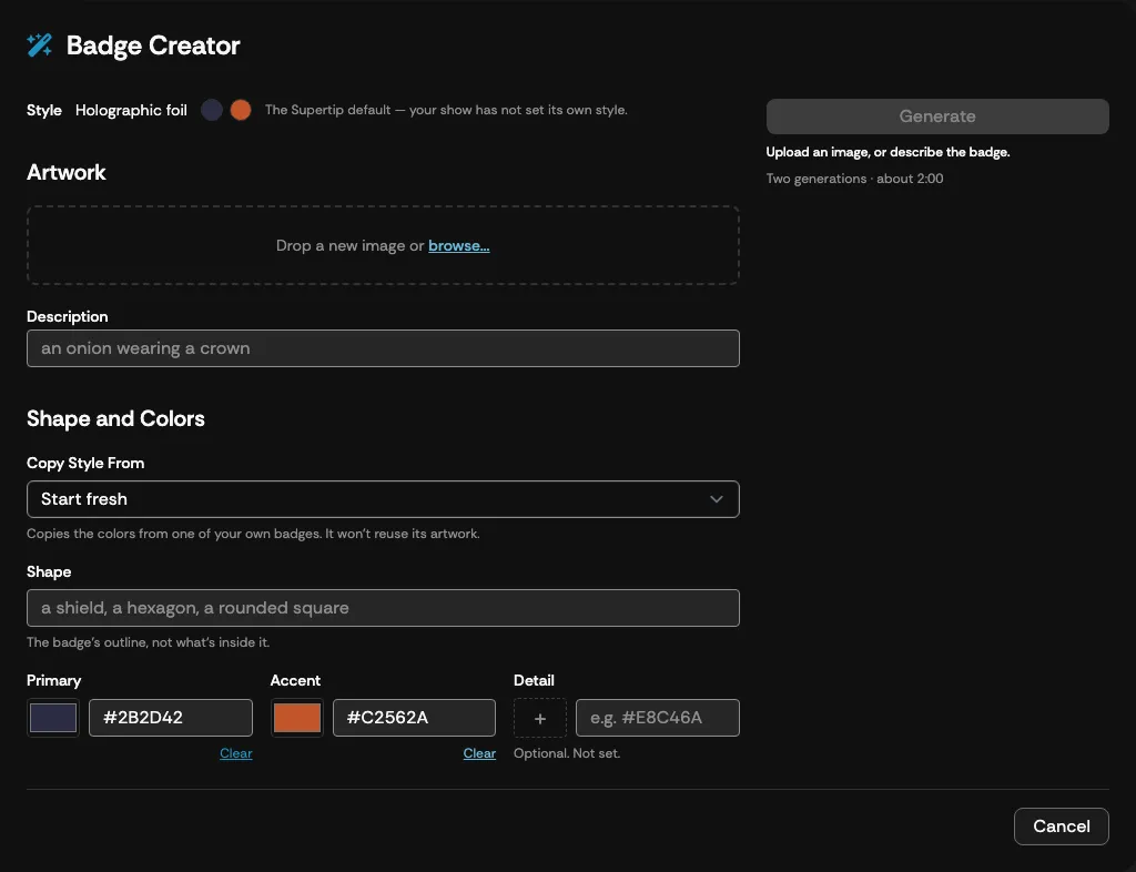 The Badge Creator dialog