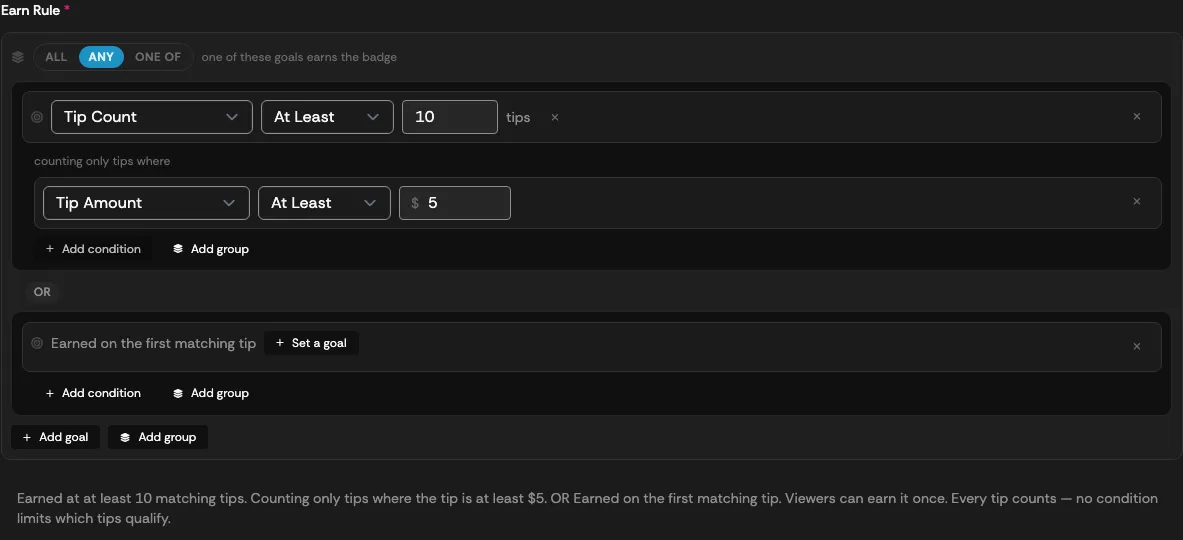 A grouped earn rule with the ALL / ANY / ONE OF switch