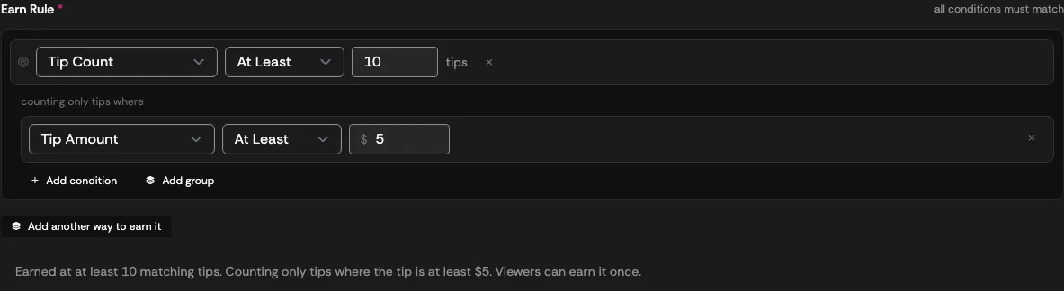 The earn rule builder with a goal, a condition, and the rule summary
