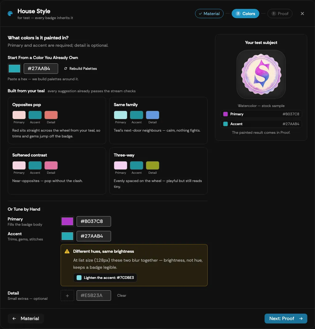 The Colors step with palette suggestions and the hand-tuning fields