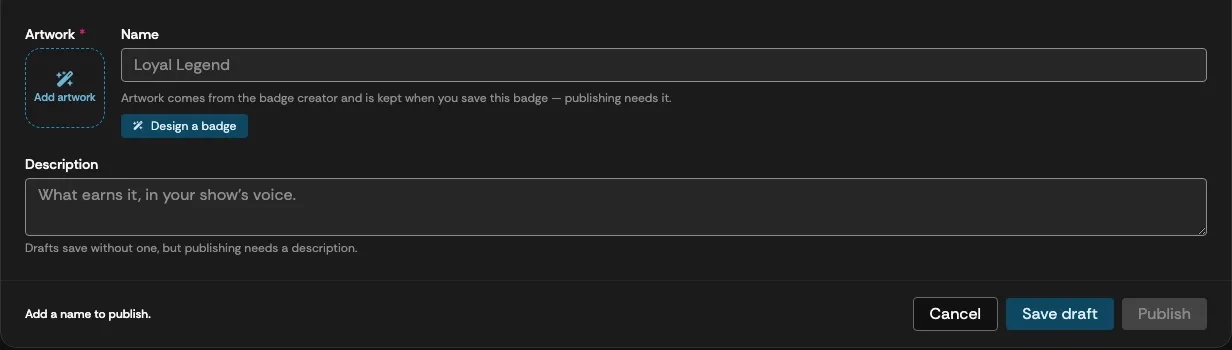 The artwork, name, and description fields with the editor footer