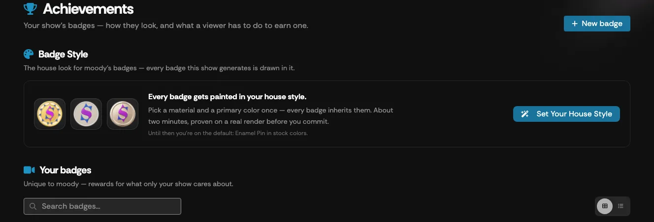 The Achievements page with the Badge Style card and the Your badges list