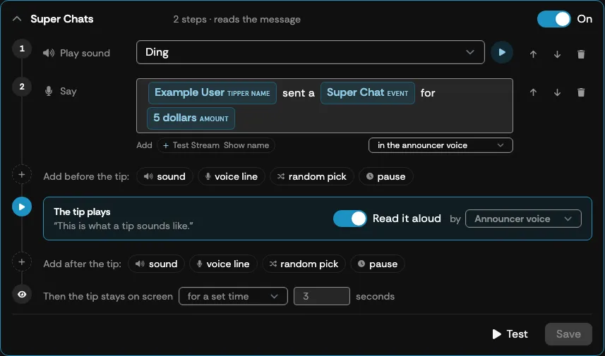 An expanded chain showing intro steps, the tip node, and outro steps