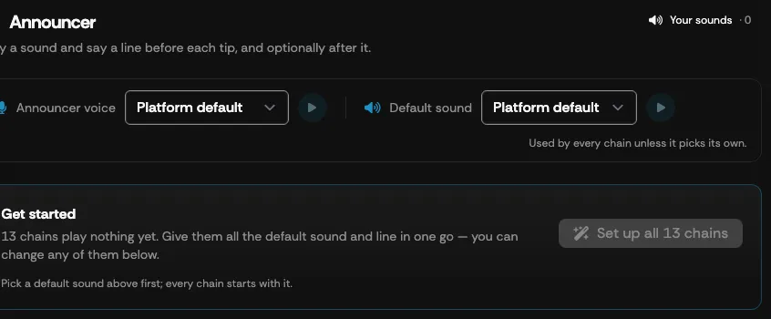The Announcer settings screen with the voice and sound defaults and the Get started card
