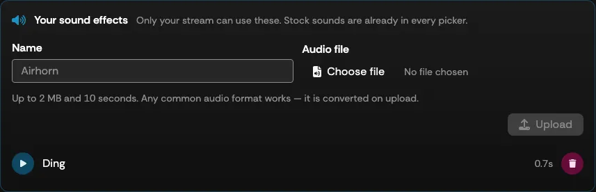 The Your sound effects panel with the upload form and a list of uploaded sounds