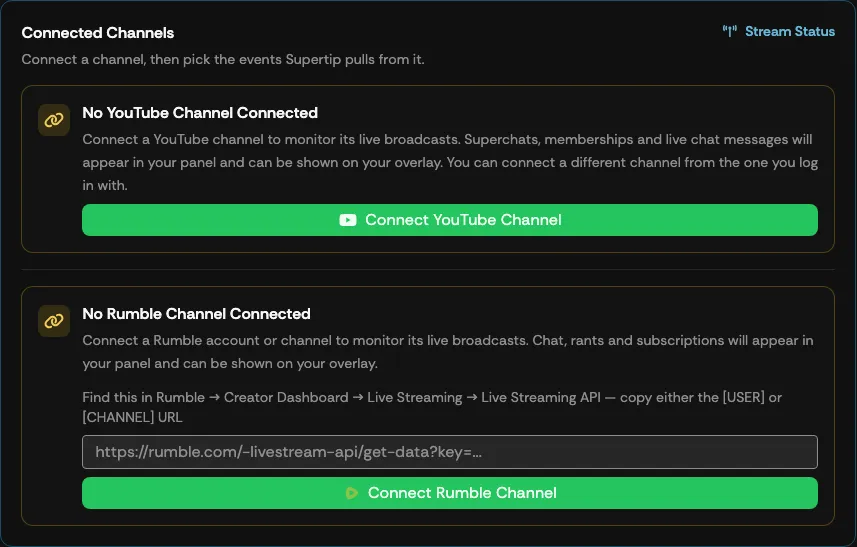 The Connected Channels section of Broadcast Settings, showing the YouTube and Rumble connection options