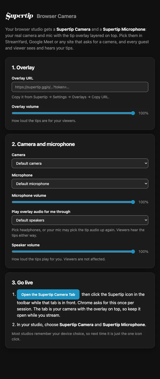 The Supertip Browser Camera options page