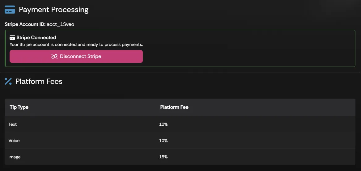 The Supertip Payments screen, used to connect or disconnect a Stripe account