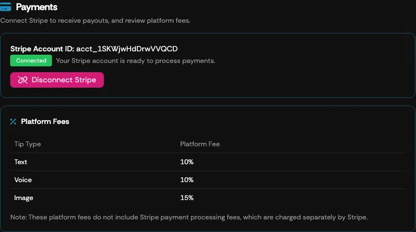 The Supertip Payments screen, used to connect or disconnect a Stripe account
