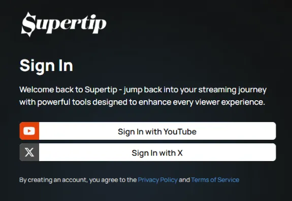 Supertip sign-up screen showing the Sign in with YouTube and Sign in with X options