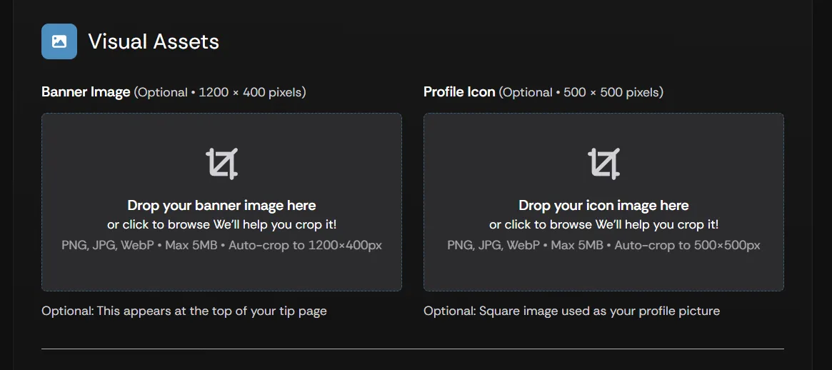 The Visual Assets section for uploading a banner image and profile icon