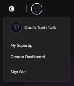 The Supertip account menu with the Creator Dashboard option