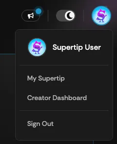 The Supertip account menu with the Creator Dashboard option