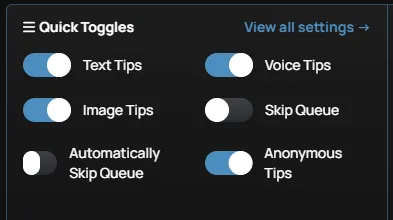 The Quick Toggles section of the Creator Dashboard Panel