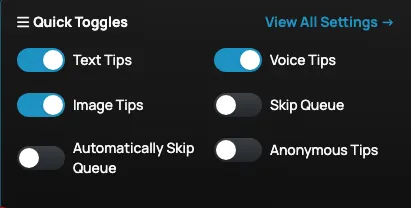 The Quick Toggles section of the Creator Dashboard Panel