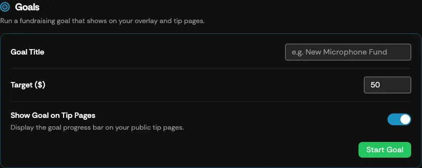 The Goals settings screen in the Creator Dashboard