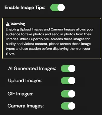 The Image Tips settings panel showing each image source toggle