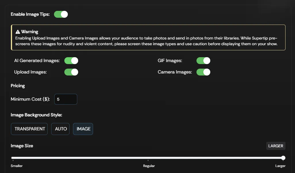 The Image Tips settings screen in the Supertip Creator Dashboard