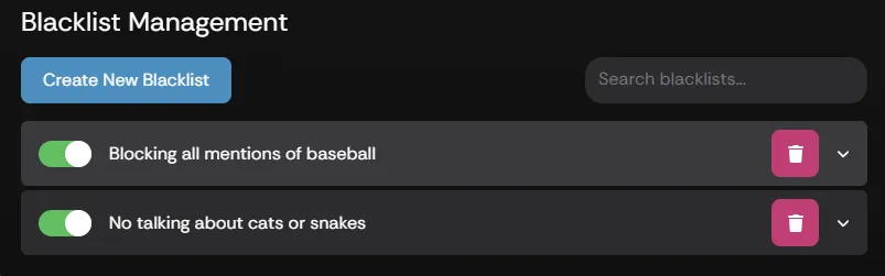 The Blacklist Management section of the Supertip moderation settings