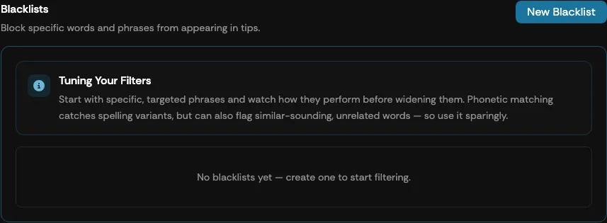 The Blacklist Management section of the Supertip moderation settings