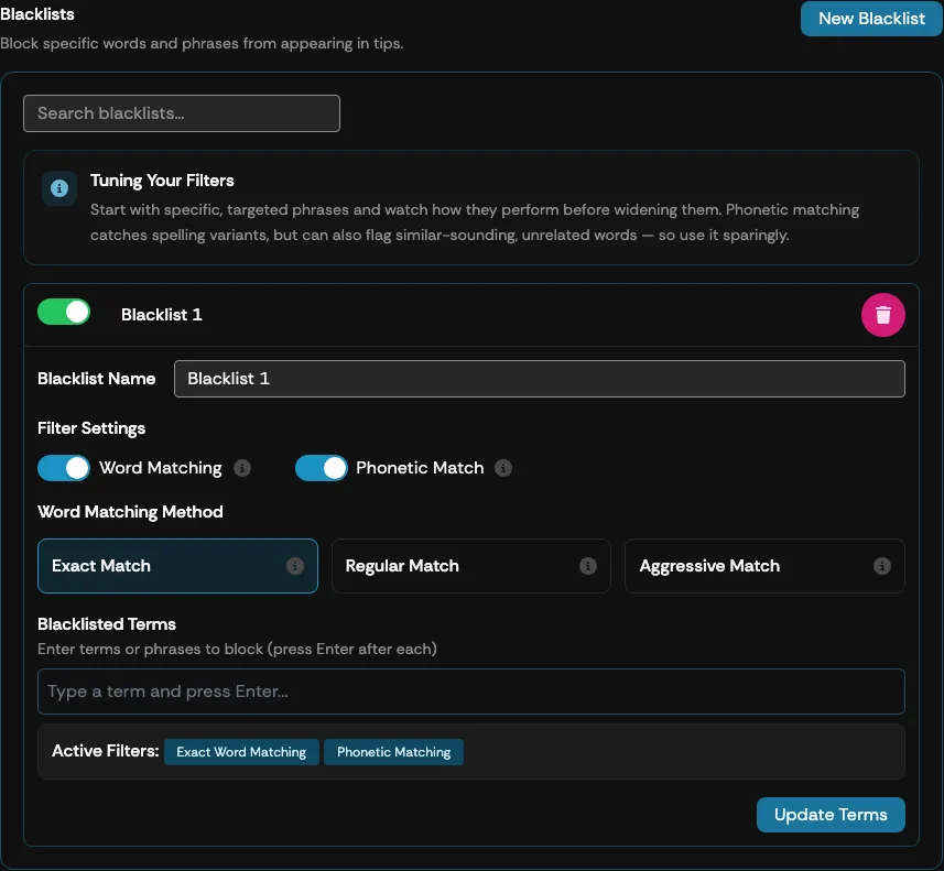 The Blacklist Management section of the Supertip moderation settings