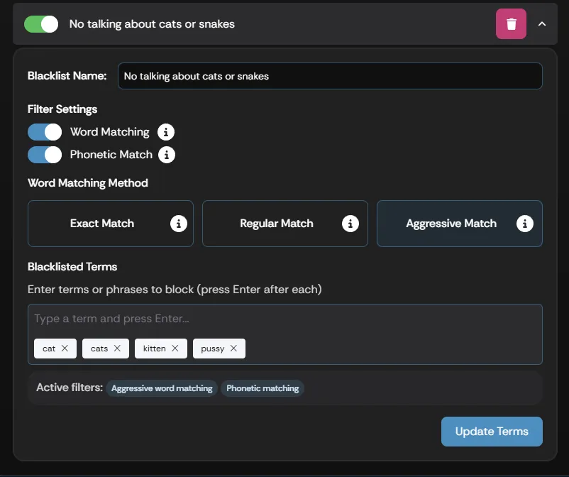 The blacklist settings panel with the Blacklist Name field and matching options