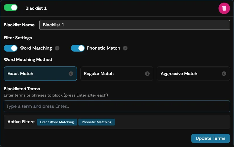 The blacklist settings panel with the Blacklist Name field and matching options