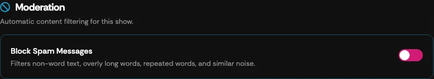 The Block Spam Messages toggle in the Supertip moderation settings