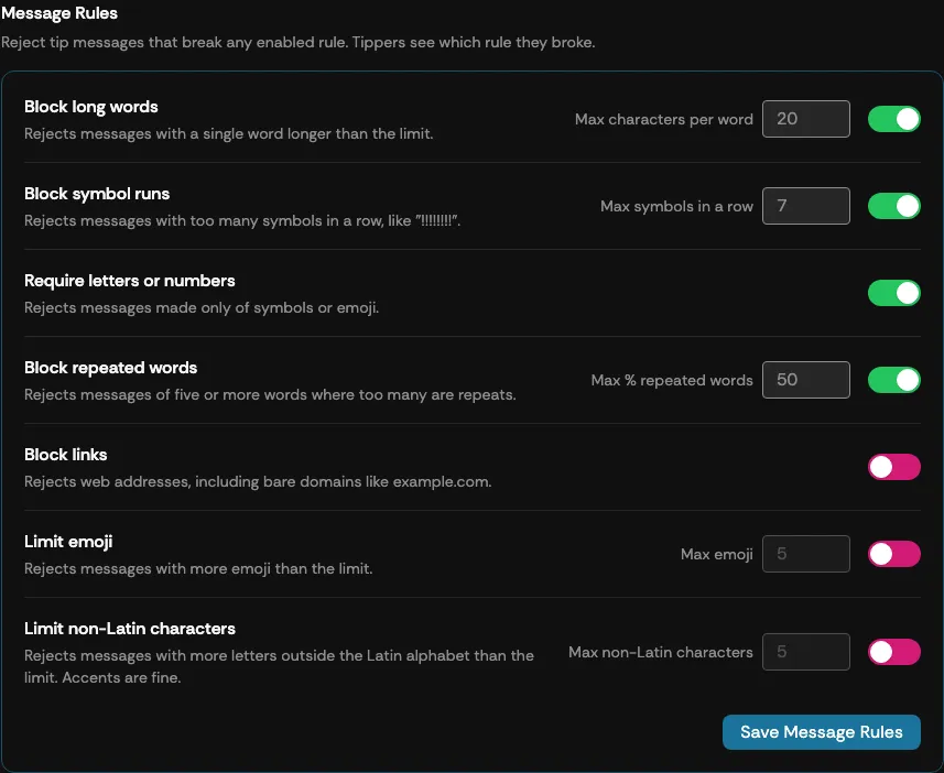 The Message Rules card in the Supertip moderation settings