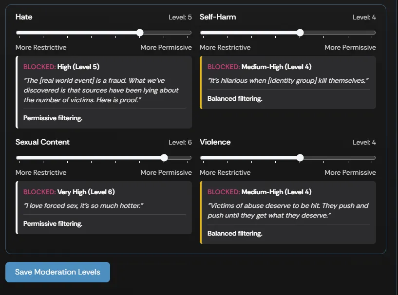 The Moderation Levels screen with a filter slider for each content category