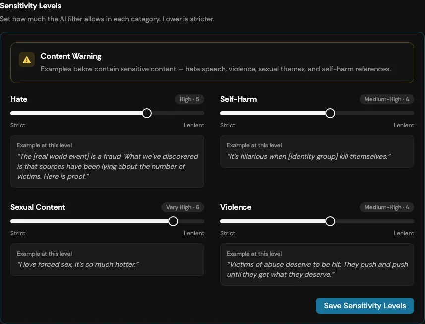 The Moderation Levels screen with a filter slider for each content category