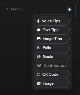 The add-layer menu opened from the plus control next to the LAYERS box