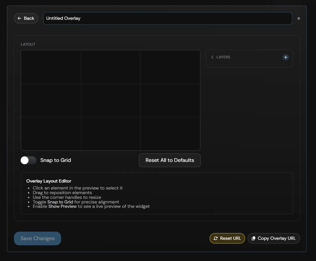 The overlay editor showing the LAYOUT and LAYERS sections