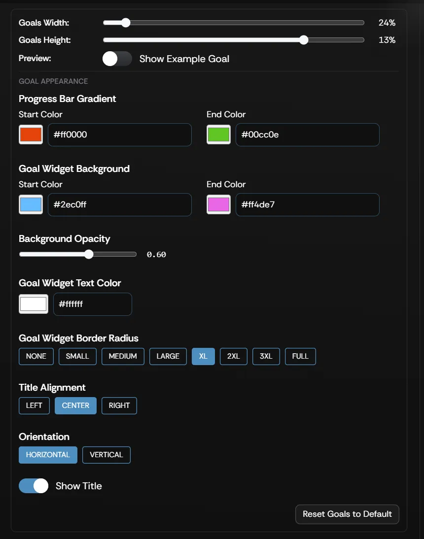 A Goal overlay element with its settings panel