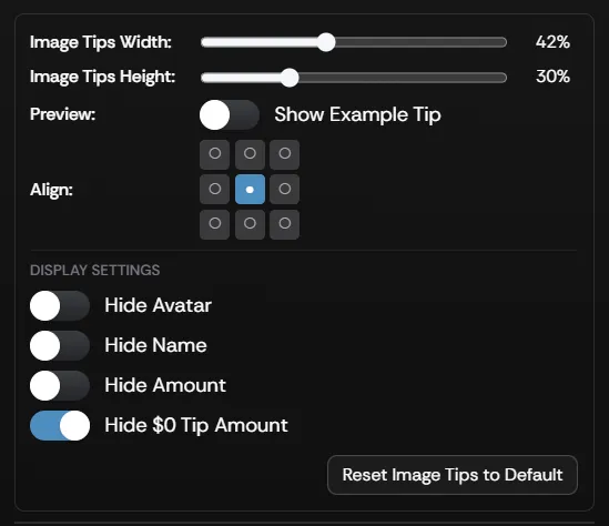 The Image Tips overlay settings panel