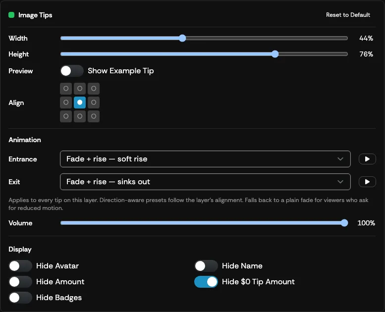 The Image Tips overlay settings panel