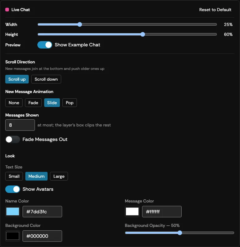 The Live Chat layer settings panel