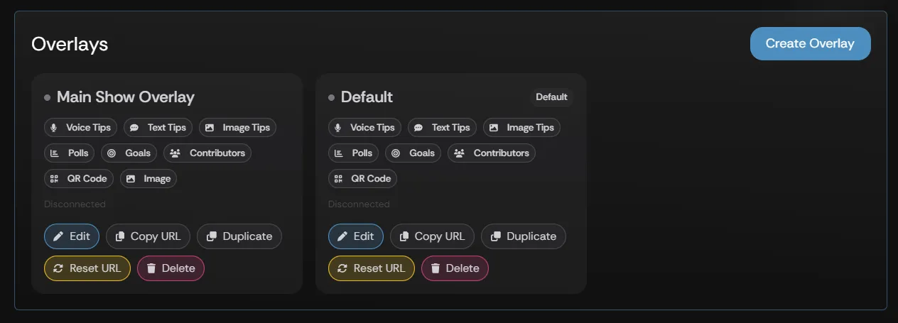 The Overlays panel on the Settings > Overlay screen, with the Copy URL button on each overlay profile