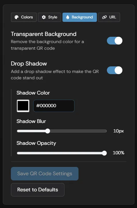 The QR Code background settings