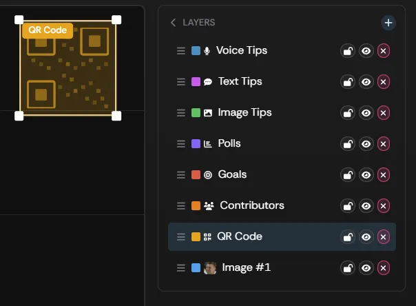 The QR Code box selected in the overlay editor