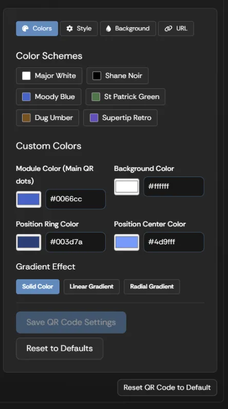 The QR Code color settings