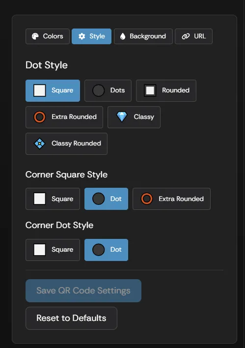 The QR Code style settings