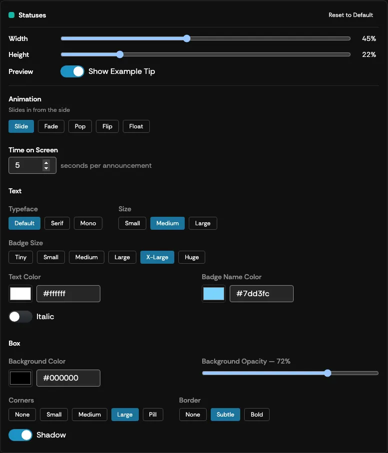 The Statuses layer settings panel