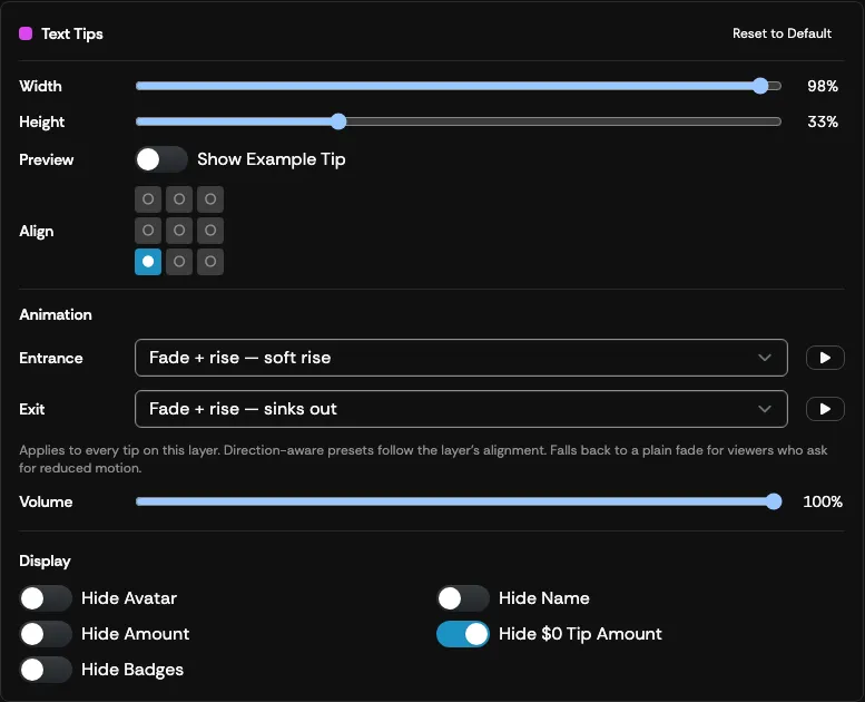 The Text Tips overlay settings panel
