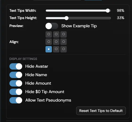 The Text Tips overlay settings panel