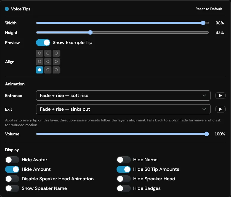 The Voice Tips overlay settings panel