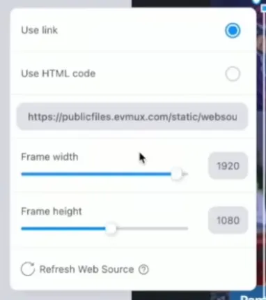 The Evmux Web Source settings with Use link selected and the overlay URL pasted in