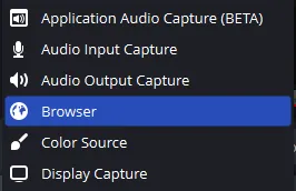 The OBS Studio source menu with the Browser source option