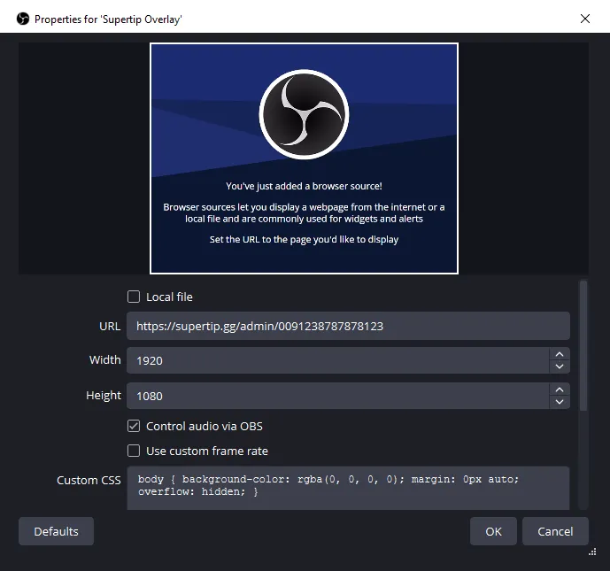 The OBS Studio browser source properties showing the URL, Width, Height, and Control audio via OBS fields