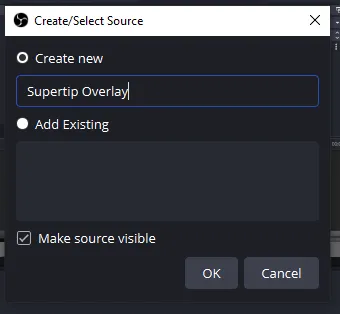 The OBS Studio Create New source dialog with a name entered for the Supertip overlay